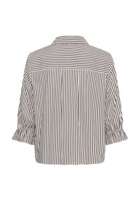 Blouse blanche à rayures noires verticales et horizontales, manches trois-quarts bouffantes et col droit, vue de dos.