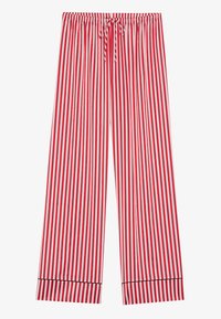 Red and white striped wide-leg pants with a drawstring waist and black piping at the hem. Made of soft, lightweight fabric.
