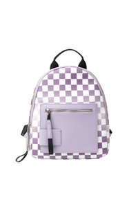 Zaino a scacchi viola e bianco realizzato in materiale sintetico liscio, dotato di una tasca anteriore con zip e di una maniglia superiore per il trasporto.