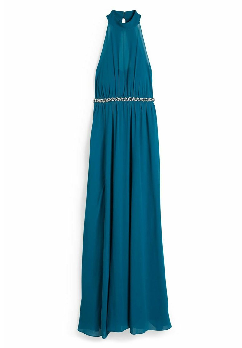 Abito lungo teal con scollo all'americana, corpino plissettato e una cintura decorativa a catena in vita. Realizzato in un tessuto leggero e fluido.