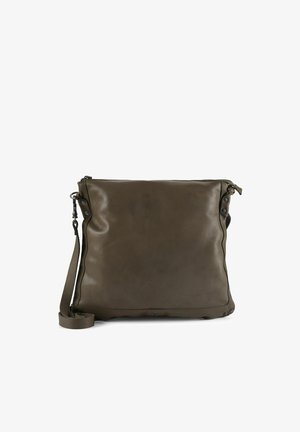 Borsa a tracolla in pelle verde oliva scuro con una texture liscia, chiusura con zip, tracolla regolabile e design minimalista. Nessun motivo o accessori visibili.