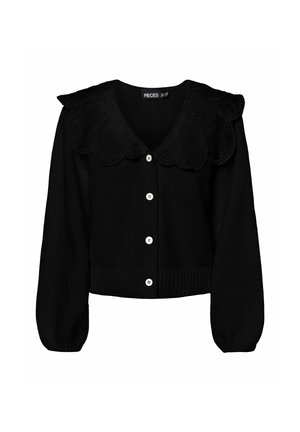 Cardigan nero lavorato a maglia con colletto decorativo a scallop, maniche lunghe e cinque bottoni bianchi sul davanti. Orlo a coste con tessuto testurizzato.