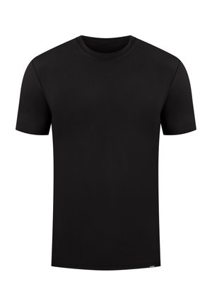 Camiseta negra de manga corta hecha de tela suave. Presenta un escote redondeado y un dobladillo recto, sin logotipos ni patrones visibles.