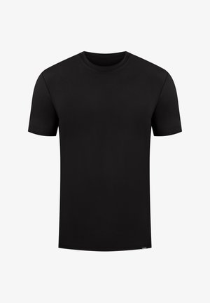 Schwarzes T-Shirt mit kurzen Ärmeln aus glattem Stoff. Verfügt über einen Rundhalsausschnitt und einen geraden Saum, ohne sichtbare Logos oder Muster.