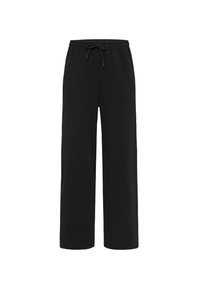Black wide-leg pants made of soft fabric with a drawstring waist, featuring clean lines and no visible patterns or embellishments.