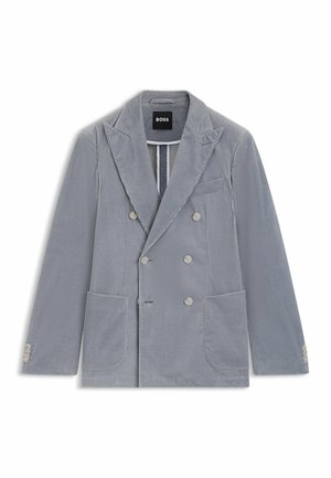Lichtgrijze corduroy dubbelgeknoopte blazer met notch-lape, twee voorkeurszakken en met knopen afgewerkte manchetten, voorzien van een merklabel aan de binnenkant.