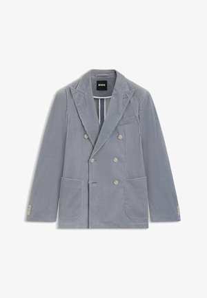 Vaaleanharmaa corduroypuvun kaksirivinen bleiseri, jossa on sakarat, kaksi etutaskua ja nappimansetit, varustettuna bränditunnuksella sisällä.