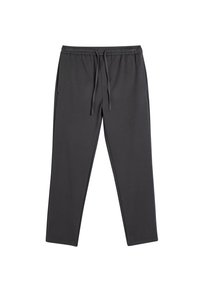 Grå joggebukser lavet af blødt stof med elastisk talje og snøre, elastiske manchetter og sidelommer, der har en glat overflade og en tætsiddende design.