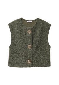 Gilet en feutre vert avec un col rond, sans manches, et quatre boutons décoratifs d'une finition métallique claire. Texture douce, forme structurée.