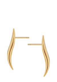 Złote kolczyki o zakrzywionym, stożkowatym kształcie. Każdy kolczyk ma gładkie, błyszczące wykończenie oraz zapięcie na sztyft zapewniające pewne noszenie.