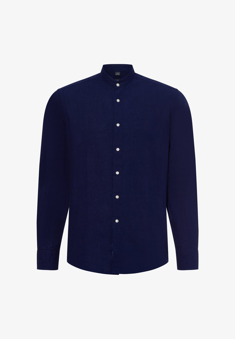 Marineblaue Langarmbluse mit Stehkragen, ausgestattet mit weißen Knöpfen und einem strukturierten Stoff. Gerader Saum und figurnaher Schnitt.