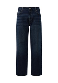 Ciemnoniebieskie dżinsy o prostych nogawkach, w stylu pięciokieszeniowym, zapinane na metalowy guzik. Tkanina ma gładką, trwałą fakturę.