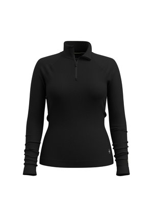 Schwarzer Langarmpullover mit einem halben Reißverschlusskragen, taillierten Design, weichem Textilmaterial und gerafften Ärmeln an den Handgelenken.