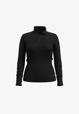 Pull noir à manches longues avec un col zippé mi-hauteur, design ajusté, tissu texturé doux et poignets froncés.