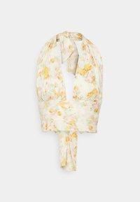 Blommig haltertop i mjukt, lätt tyg med mönster i gult, rosa och grönt. Har snörningar i nacken och på ryggen för en säker passform.