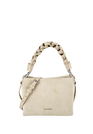 Borsa a mano in camoscio beige con manico superiore intrecciato, tracolla regolabile, ferrature color argento e piccolo logo del marchio sul davanti.