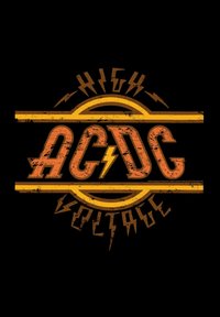 Logo gráfico de AC/DC que presenta un texto naranja audaz y desgastado "HIGH VOLTAGE" con relámpagos y acentos circulares sobre un fondo negro.