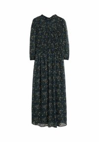 Długa, kwiatowa sukienka z ciemnoniebieskim tłem i żółto-niebieskimi wzorami, z marszczoną górą i rękawami do 3/4.