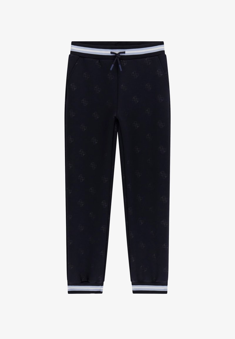 Pantaloni della tuta blu navy con motivo logo sottile, vita elasticizzata con coulisse, tasche laterali e polsini a costine con strisce blu e bianche.