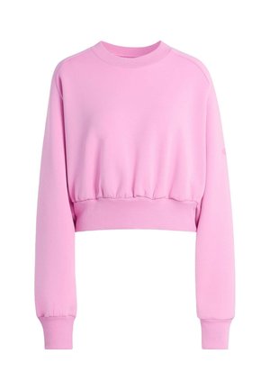 Rosa kort sweatshirt med långa ärmar, ribbade cuffs och en samlad nederkant. Mjukt tyg med en slät textur. Inga synliga mönster.