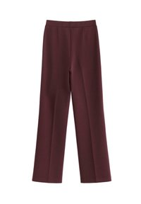 Burgundy vidde benbukser med en glat tekstur, der har en høj talje og to fortil fald for ekstra detalje.