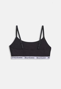 Čierny bralette s tenkými nastaviteľnými ramienkami a bielym elastickým pásom s logom "Juicy Couture", vyrobený z jemného materiálu s hladkou textúrou.