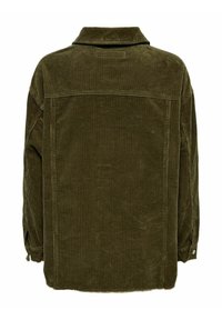Veste en velours côtelé vert foncé vue de dos, dotée d'un col droit et de manches longues avec poignets boutonnés.