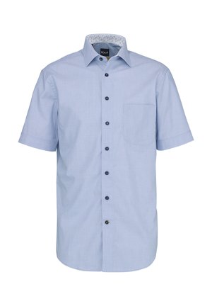 Camicia azzurro chiaro a maniche corte con bottoni scuri, una tasca sul petto e un colletto interno con motivo a fantasia.
