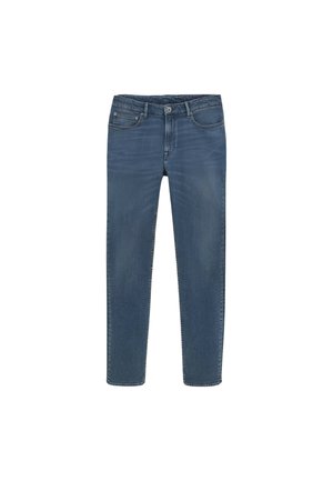 Jean denim bleu coupe slim avec poches avant et arrière, fermeture à boutons, et légère décoloration au niveau des cuisses, présenté sur un fond blanc.