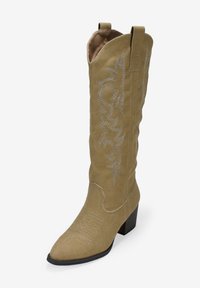 Botas de vaquero de ante en color marrón con costuras decorativas en plata, punta afilada y tacón bajo. Cuenta con lengüetas para facilitar el calzado.