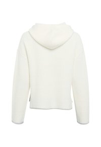 Weißer Kapuzenpullover mit geripptem Textil, cropped Design und blauen Akzenten an den Bündchen. Aus warmem, weichem Material gefertigt und mit lockerer Passform.
