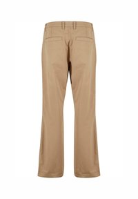 Beige bomullsbukser med rett ben-design, med to baklommer og en jevn, ubehandlet overflate.