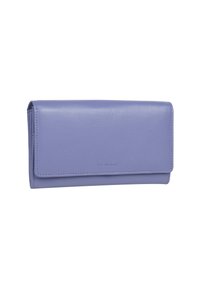 Portafoglio in pelle viola con forma rettangolare, texture liscia e chiusura a patta frontale. Presenta un logo sottile impresso sulla superficie.