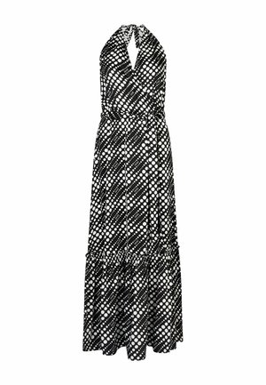 Černo-bílá maxi šaty s halter krkem, přiléhavým živůtkem, volánkovým lemem a diagonálním tečkovaným vzorem. Vyrobeno z lehkého materiálu.