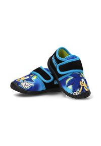 Zapatos de tela azules con detalles negros, con gráficos de Sonic the Hedgehog, correas ajustables y suelas de goma texturizadas.