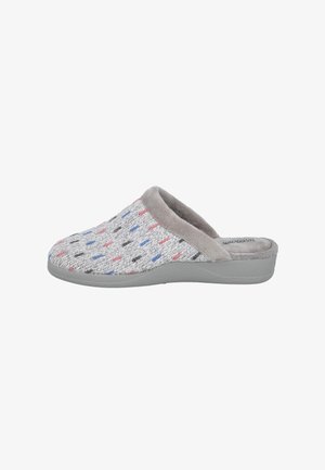 Pantufla de punto gris con un suave y acogedor cuello. Presenta motas coloridas en rojo, azul y negro. Perfil bajo con una suela flexible de color gris.
