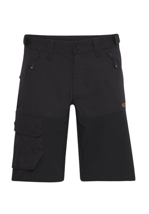 Svart cargo shorts med flerromsdesign, glatt tekstur, glidelås og trykknapper, samt en kontrastfargepanel ved kanten.