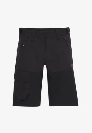 Svart cargo shorts med flerromsdesign, glatt tekstur, glidelås og trykknapper, samt en kontrastfargepanel ved kanten.
