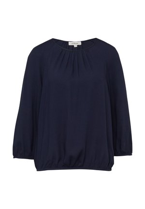 Marineblaue Langarmbluse mit rundem Ausschnitt, geraffter Vorderseite sowie elastischen Bündchen und Saum.