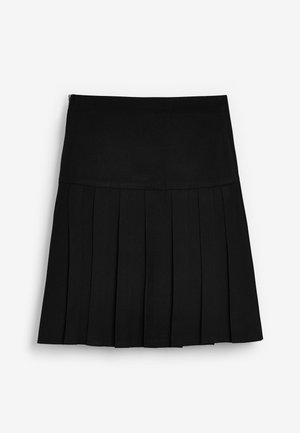 Jupe plissée noire en tissu lisse et extensible. Caractérisée par une taille plate et des plis structurés pour une texture ajoutée. Fermeture éclair.