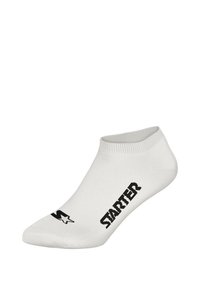 Biała skarpetka do kostki wykonana z dzianiny, z czarnym logo "STARTER" oraz małą czarną grafiką z boku. Fason z prążkowanym ściągaczem dla pewnego dopasowania.