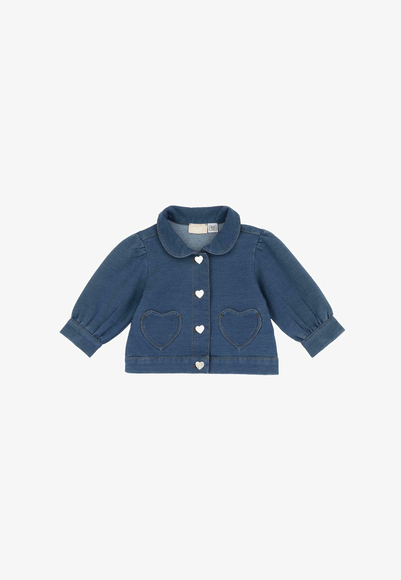 Dunkelblaue Jeansjacke mit runden Kragen, puffärmeln, herzförmigen Taschen und herzförmigen Knöpfen. Denim-Textur, lässiges Design.