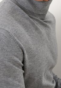 Pull gris à col roulé en maille douce, avec un col ajusté et une texture lisse, présentant peu de coutures et des contours épurés.