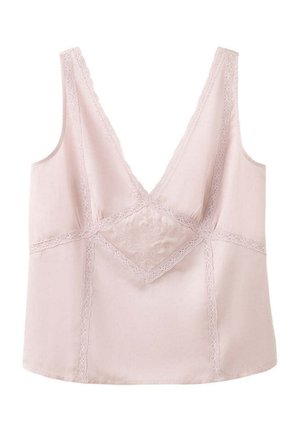 Jasnoróżowa satynowa koszulka na ramiączkach z dekoltem w serek, koronkową lamówką oraz haftowanym kwiatowym detalem na środku przodu.