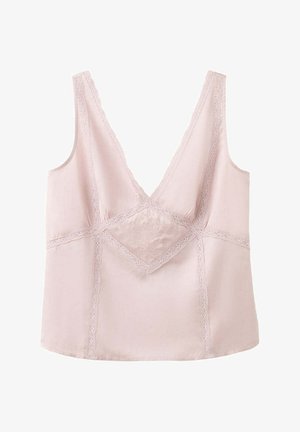 Jasnoróżowa satynowa koszulka na ramiączkach z dekoltem w serek, koronkową lamówką oraz haftowanym kwiatowym detalem na środku przodu.
