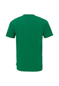 T-shirt vert à col rond. Manches courtes, tissu léger et texture lisse. Présente un design simple sans motifs ni graphiques visibles.