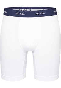 Vita boxershorts med en marinblå midjeresår som har vit text, tillverkade av ett mjukt, stretchigt material. Designen är enkel och åtsittande.