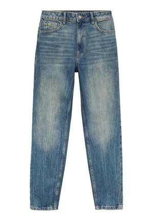 Blue denim jeans with a high waist, straight leg, faded wash, subtle whiskering, and five-pocket design, featuring a metal button and zip closure.
