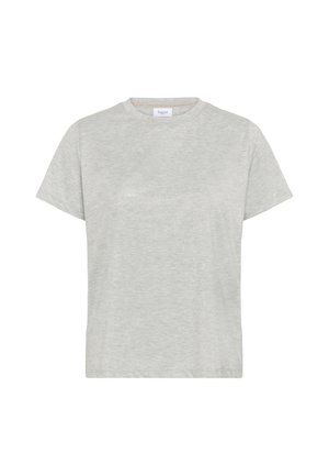 Lichtgrijze katoenen t-shirt, korte mouwen, ronde hals, relaxte pasvorm. Soepele textuur met minimalistische details en zonder patronen.