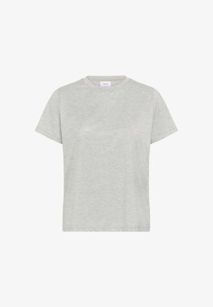 Lichtgrijze katoenen t-shirt, korte mouwen, ronde hals, relaxte pasvorm. Soepele textuur met minimalistische details en zonder patronen.